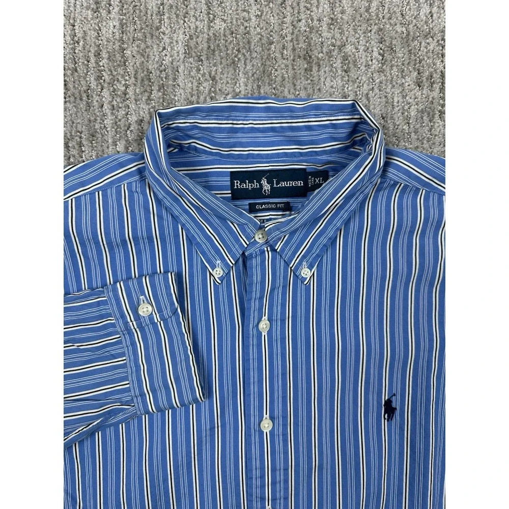 Polo Ralph Lauren Classic Fit Blue Striped L/S Button Down Dress Shirt Men's XL